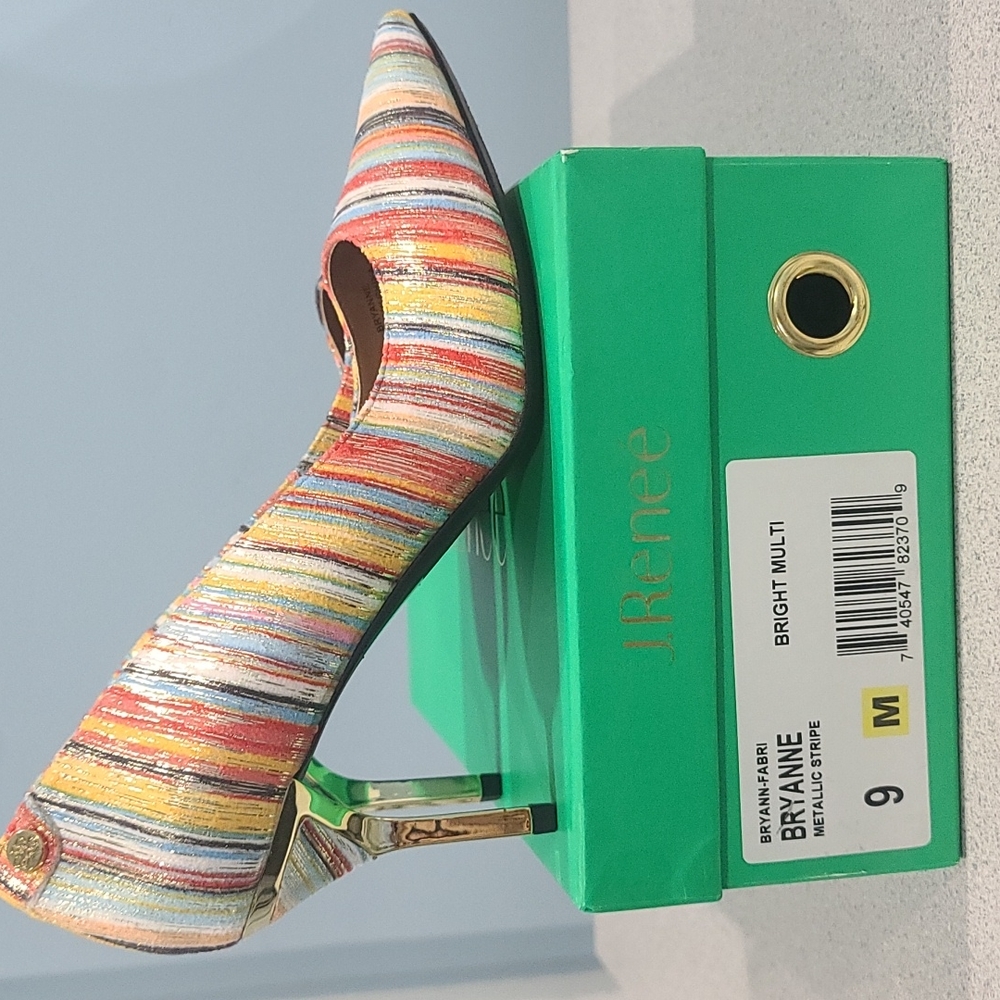 NIB ✅ J. Renee Bryanne Shoes ~ Multi-Color Stripes ~ Gold 3" Heels 9M ✨BNIB
